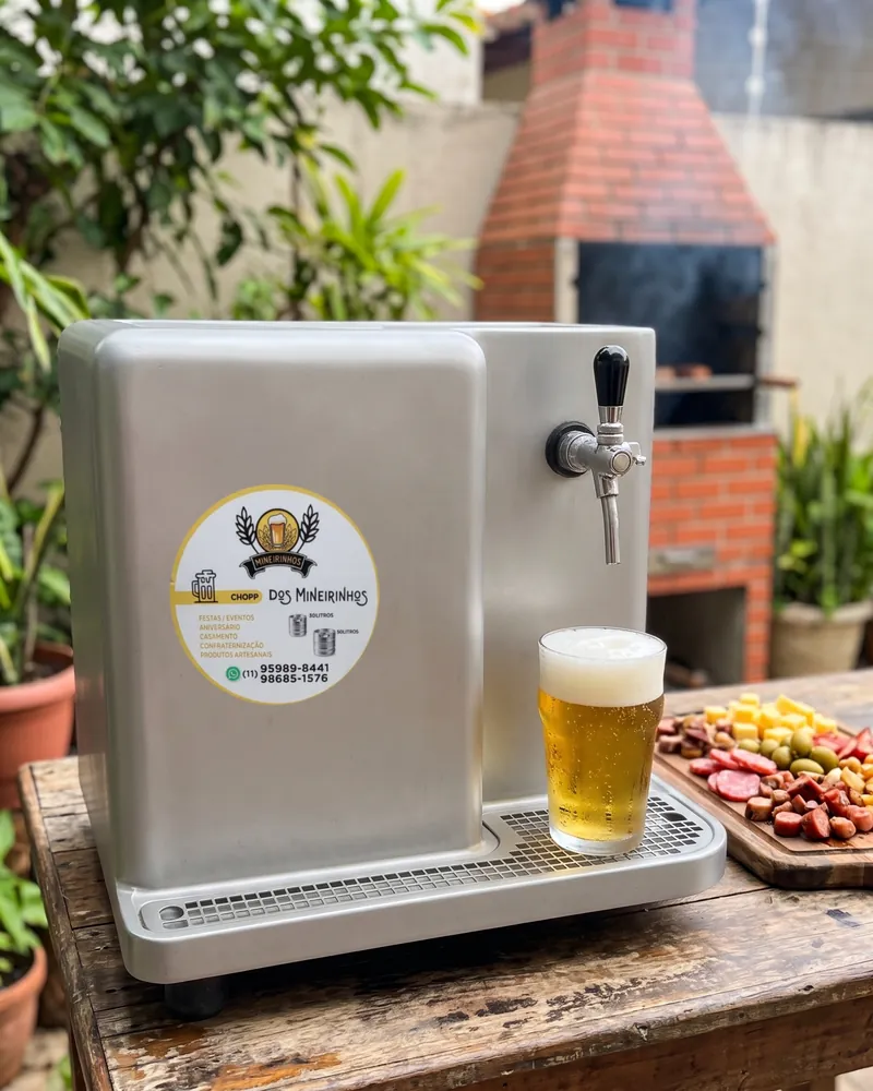 Chopeira elétrica Mineirinhos Chopp ao lado da churrasqueira no quintal, com tábua de petiscos, em Taboão da Serra